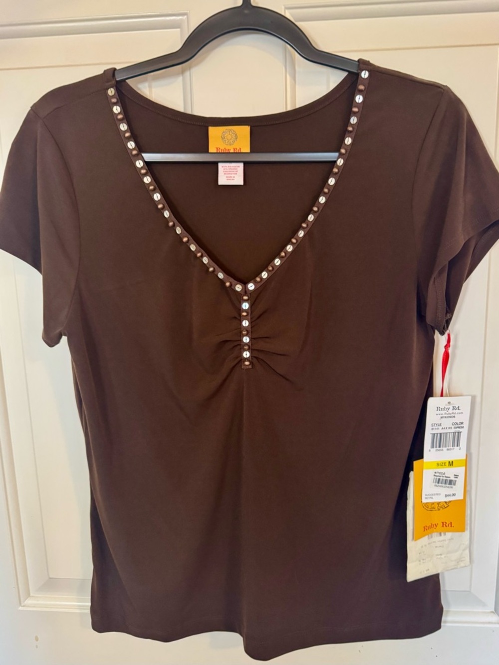 Ruby Rd. Top Brown Short Sleeve V-Neck with Stud Detail - Medium *NWT*